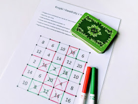 na zdjęciu plansza do gry, obok leża dwa pisaki czerwony i zielony oraz talia kart, na planszy zaznaczone jest wiele linii