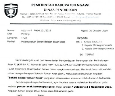 Himbauan Dinas Pendidikan Kabupaten Ngawi untuk Melaksanakan Kegiatan Sehari Belajar Diluar Kelas