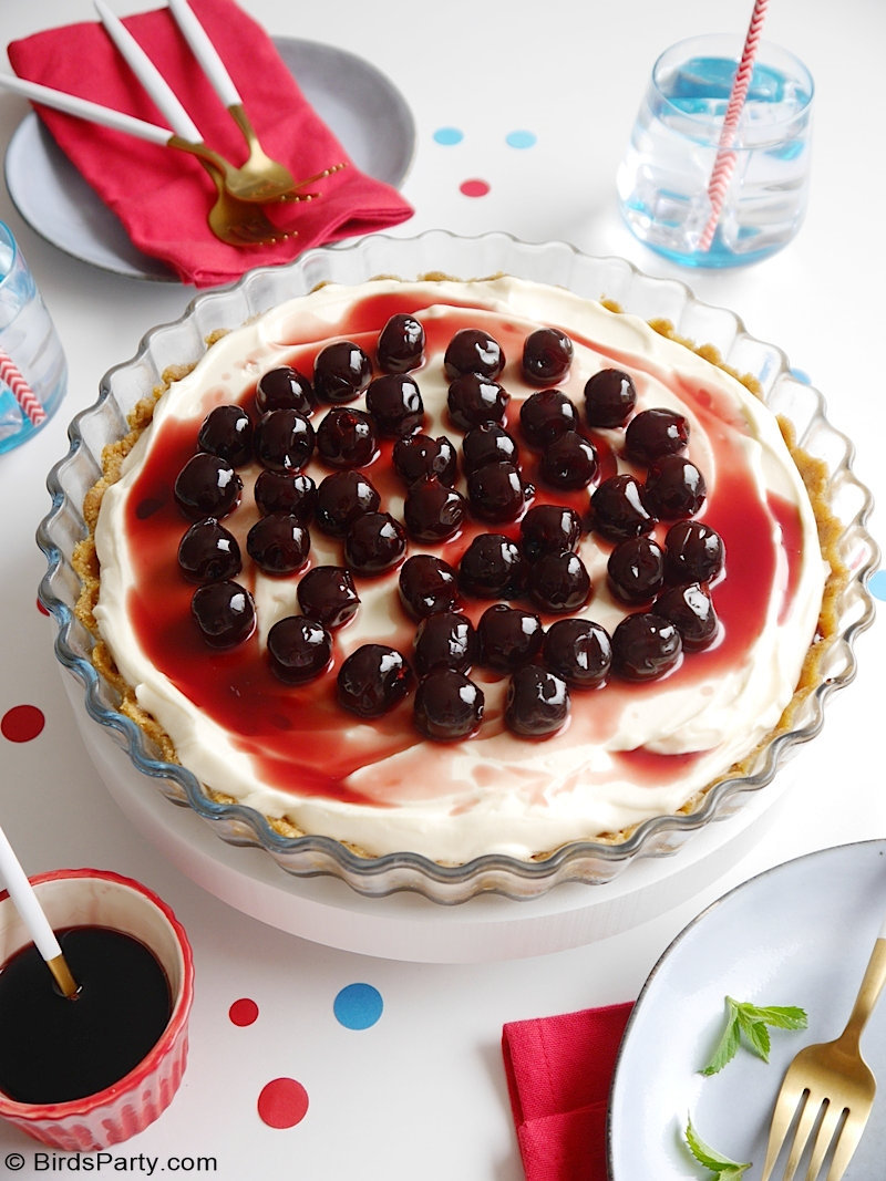 No-Bake Cherry Cheesecake Recipe - quick and easy to make summer dessert that's perfect for a BBQ, potluck backyard party or 4th of July celebrations! by BirdsParty.com @BirdsParty #cherrycheesecake #cherries #nobakedessert #summercheesecake #cheesecake #4thofjuly #dessert #nobakecheesecake #summerberries #summerdessert #nobakedessert