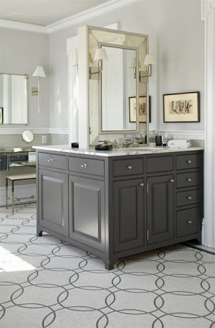 ann sacks gray white circular pattern tile mirrored built in vanity master bathroom gray vanity