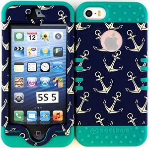 Hybrid Cover Case for Iphone 5 Anchor Pattern on Teal Silicone Skin Gel