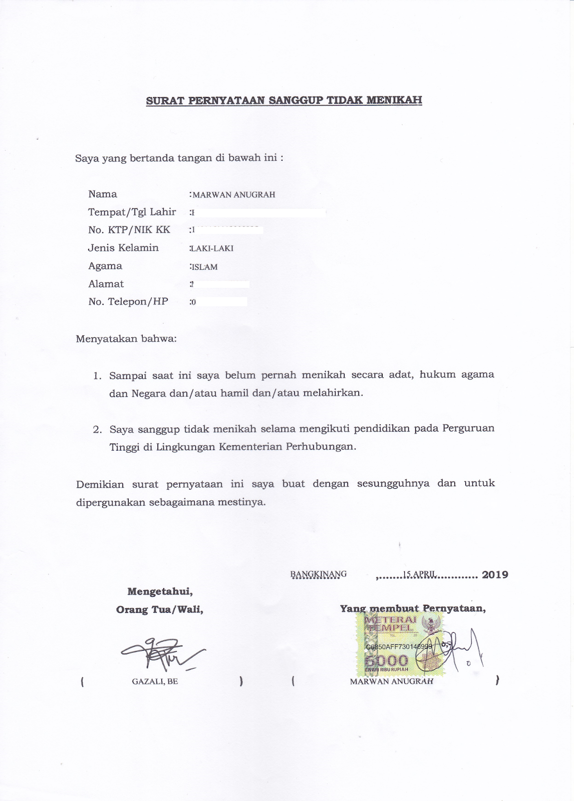 Contoh Surat Keterangan Belum Menikah dan Surat Pernyataan Sanggup