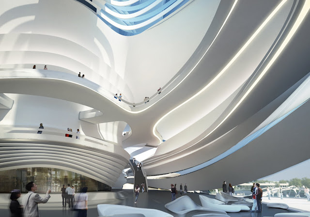 Balconies and curves in the modern lobby interior 