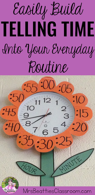 Clock with petals containing minute numbers, hour hand, and minute hand with text that says, "Easily Build Telling Time Into Your Everyday Routine."