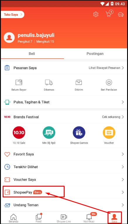 Fitur ShopeePay Aplikasi Marketplace Shopee di Smartphone.