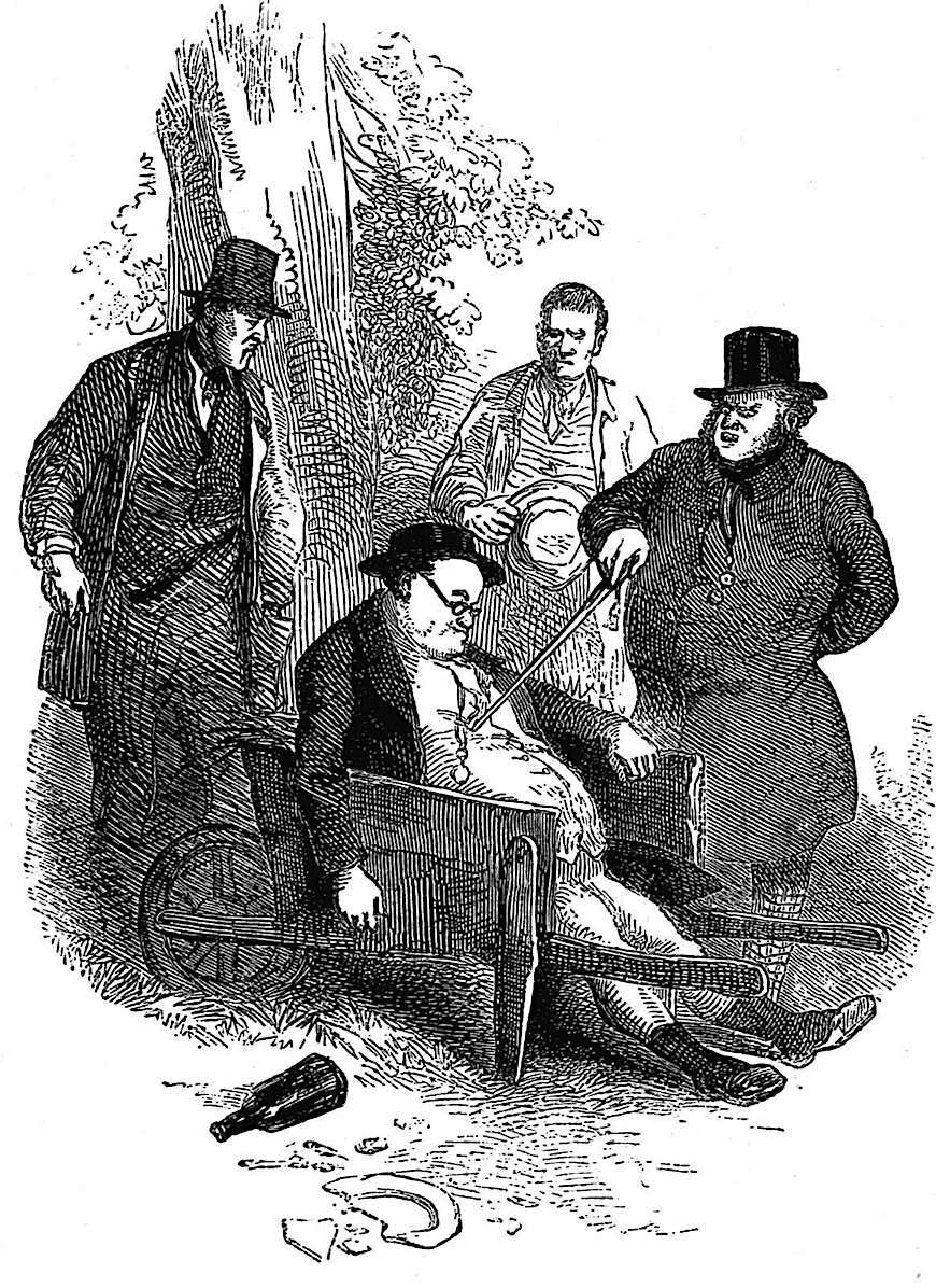 a John Gilbert illustration for Dickens, Pickwick papers, poking the sleeping drunk