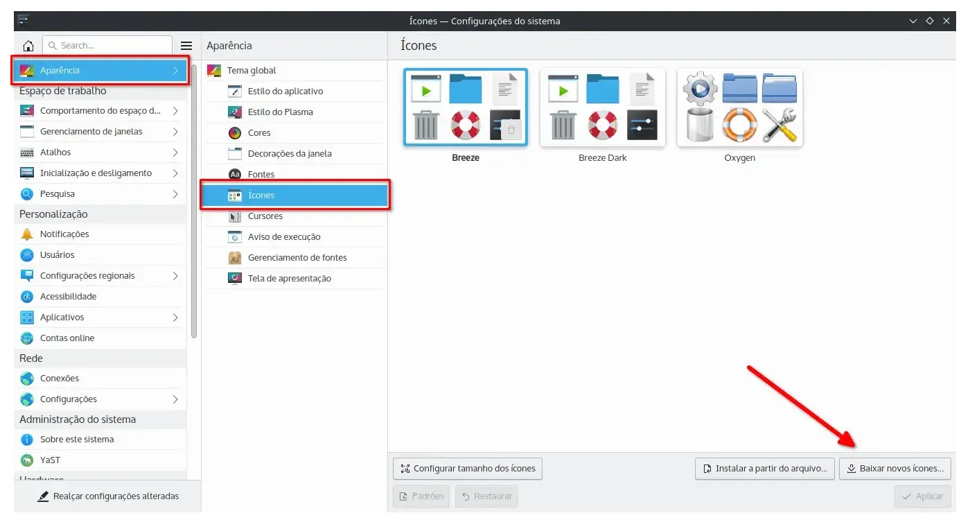 Alterar tema de ícones nas configurações do sistema