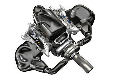 Vista 3/4 superiore del motore Renault Sport V6 Turbo di F1 2014