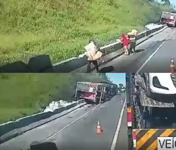 Carreta tomba e carga é saqueada, em Barra do Turvo