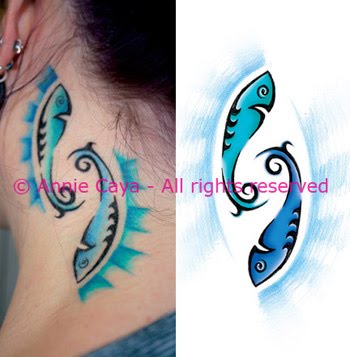 Pisces tattoo designs for women are on the side neck with a bright blue 