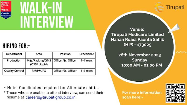 Tirupati Group Walk in Interview For Production ( Mfg/ Packing/ QMS)/ QC