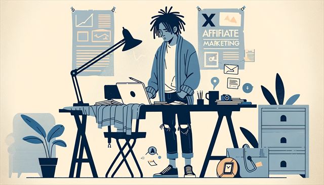 A minimalistic illustration of a casual Japanese man with dreadlocks, engaged in research for his X affiliate marketing idea. The setting is a simplified home office with a desk and a laptop. The man looks slightly overwhelmed but determined, surrounded by papers and digital notes, symbolizing the extensive research he is conducting. A small robot or an AI symbol can be included to represent his wish for assistance in his task. The scene captures his ambition, the complexity of the task, and the transition from holiday relaxation to focused work.