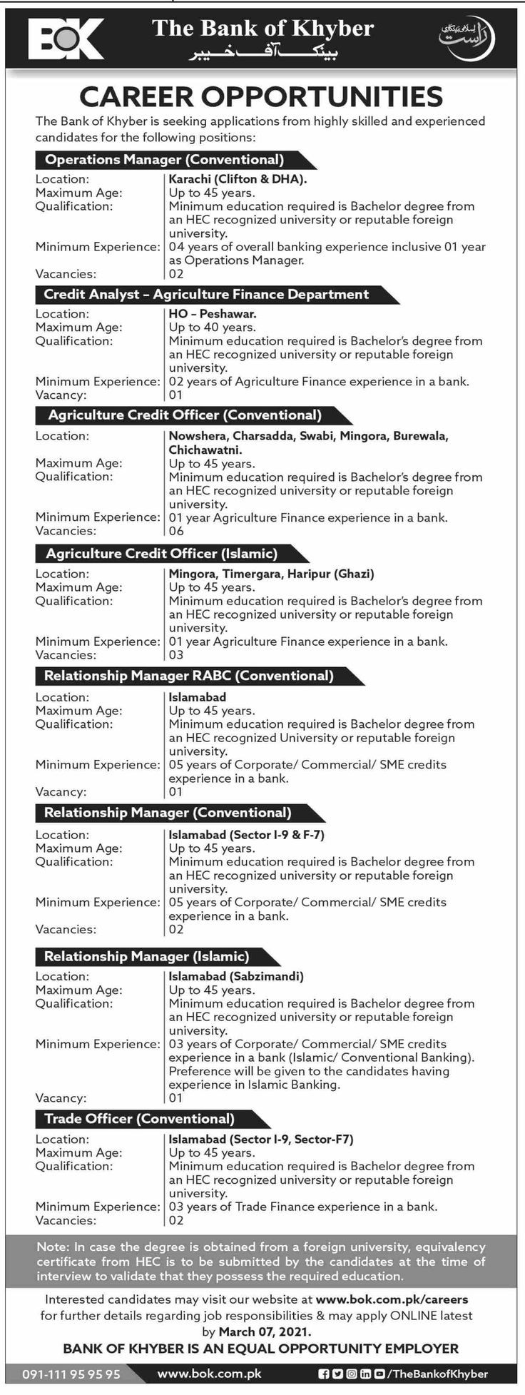 The Bank of Khyber BOK Karachi Jobs 2021 Latest For Operation Manager, Credit Analyst, Relationship Manager & more