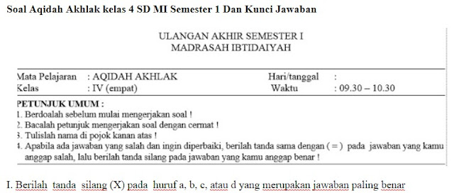 Soal Aqidah Akhlak kelas 4 SD MI Semester 1 Dan Kunci Jawaban