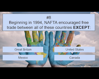 Beginning in 1994, NAFTA encouraged free trade between all of these countries EXCEPT: Answer choices include: Great Britain, United States, Mexico, Canada