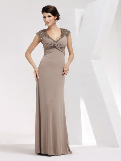  Sheath/Column V-neck Chiffon Floor-length with Criss Cross Prom Dress