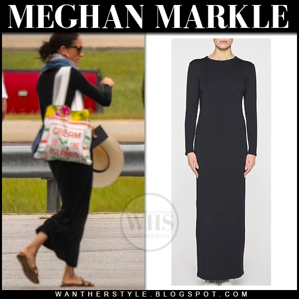 Meghan Markle in black maxi dress and brown sandals