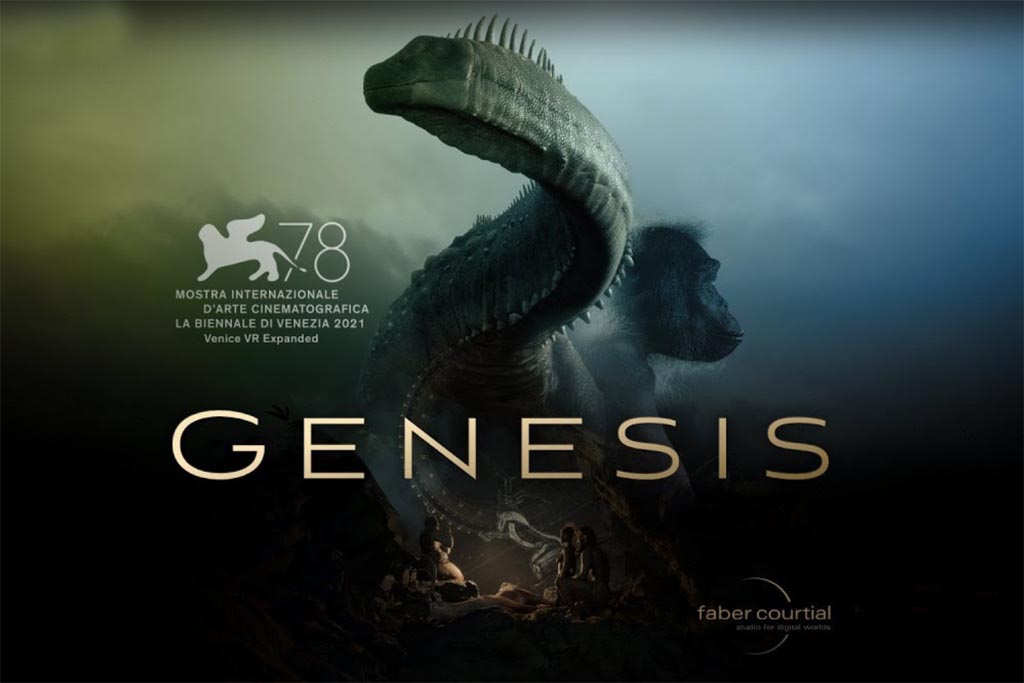 Genesis title superimposed over the neck and head of a dinosaur.