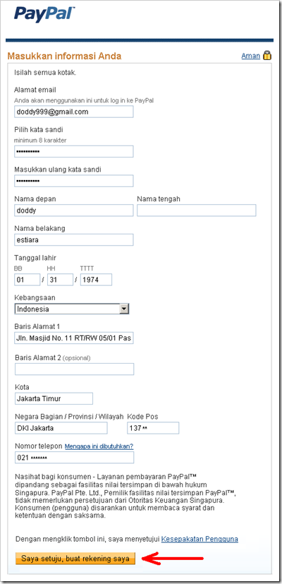 masukan informasi paypal