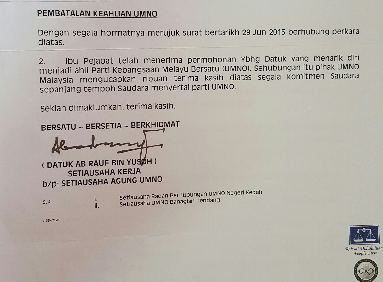 Surat Tak Rasmi Berhenti Kerja - Rasmi V