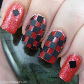 Red and black checkered nail art using square matte glitters from born pretty store.