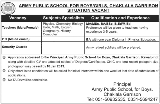 Jobs in Army Public School Rawalpindi