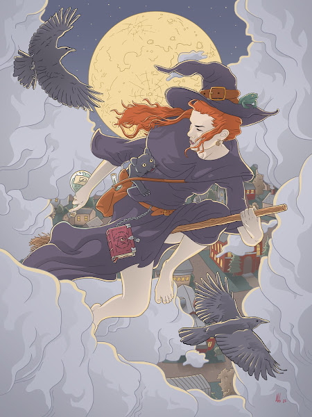Una bruja sobre volando una ciudad en su escoba, acompañada de varios familiares