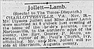 Newspaper article wedding Ulysses Jollett and Sadie Lamb https://jollettetc.blogspot.com