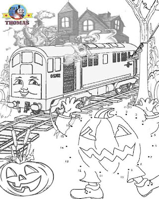 Thomas train Trick or Treat dot to dot Halloween printables for kids haunted house coloring pages