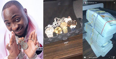 Davido also shows off wads of dollars and his multiple luxury wristwatches