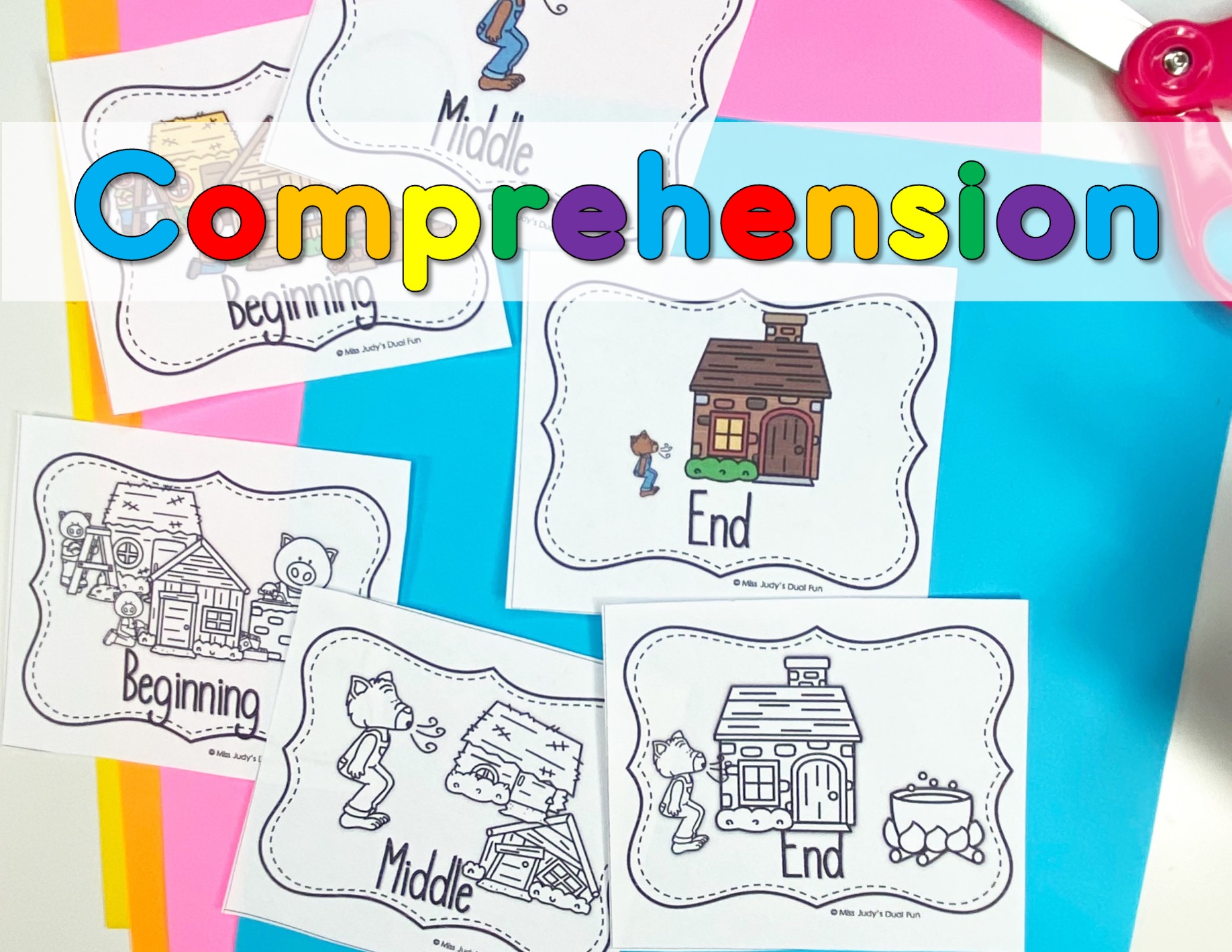 Image of comprehension building cards showing the beginning, middle and end for The Three Little Pigs.