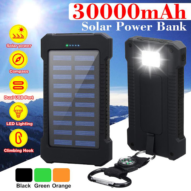 5000Mah Portable Solar Power Bank Dual USB Efficient Charger with LED Lamp Compass Climbing Hook