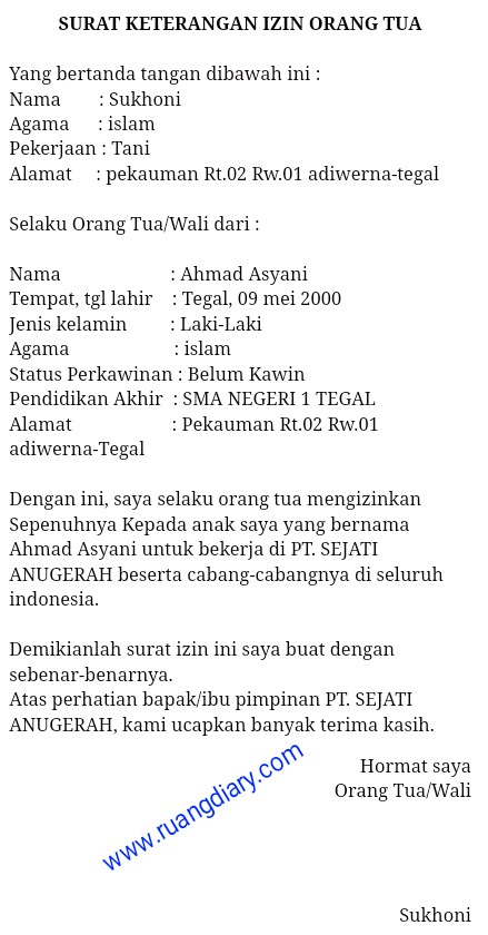 Contoh Surat Izin Orang Tua Untuk Melamar Kerja Di Pt Atau Pabrik Ruangdiary Com