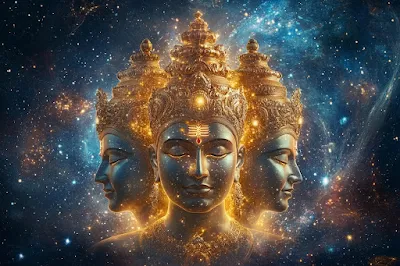 Lord Dattatreya with galaxies in the background