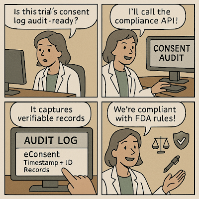 A four-panel digital comic titled “Consent Audit APIs for Clinical Trial Protocols: HIPAA + 21 CFR Part 11.” Panel 1: A clinical coordinator asks, “Is this trial’s consent log audit-ready?” Panel 2: She types at her desk and says, “I’ll call the compliance API!” as a screen reads “CONSENT AUDIT.” Panel 3: A computer screen displays “AUDIT LOG: eConsent Timestamp + ID Records” with a pointing finger. Panel 4: The coordinator smiles and says, “We’re compliant with FDA rules!” with icons of a gavel, shield, and pen floating nearby.