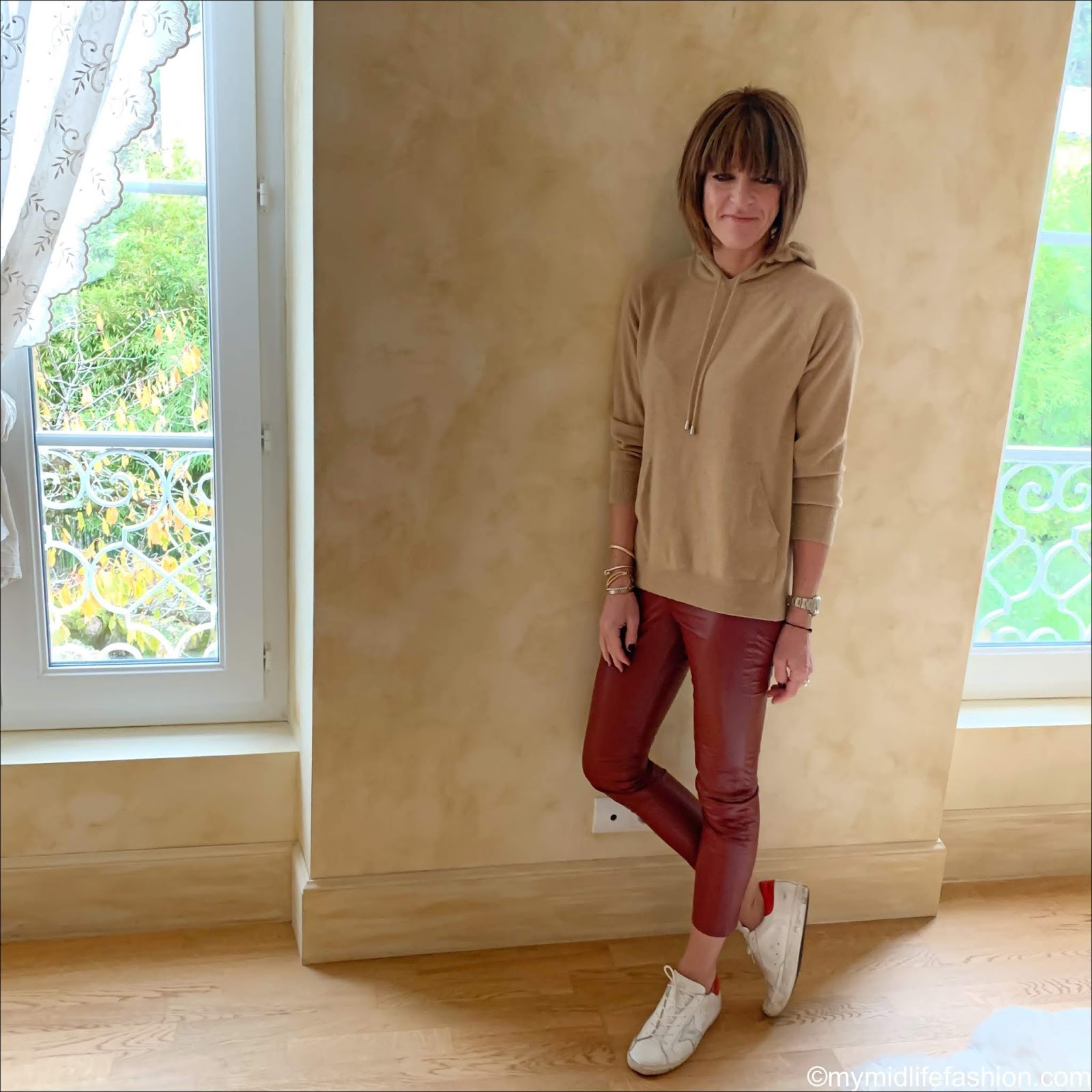 my midlife fashion, Isabel Marant Etoile faux leather leggings, golden goose superstar low top leather leggings, Marks And Spencer pure cashmere hooded jumper