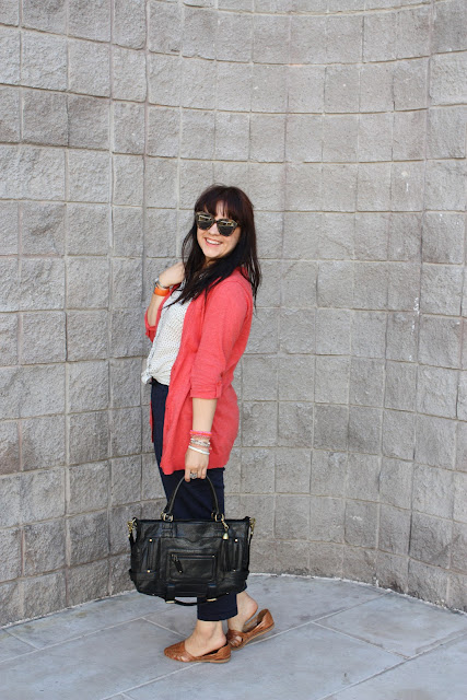 Coral Cardigan + Navy Trousers - Daily Outfit