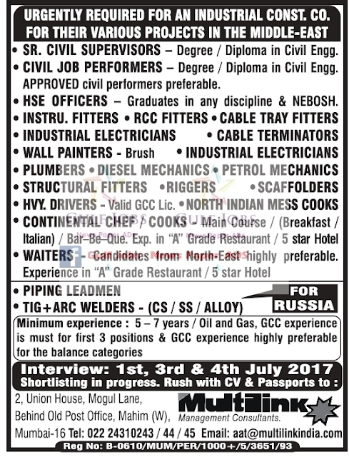 Russia & Middle East various project job vacancies