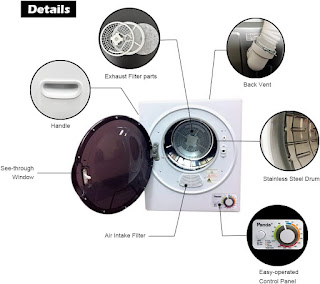 Panda PAN725SF's Features include removable lint filter, vent pipe, steel tub, front-loading access, left-hung door, wall-mounting kit, leveling legs, easy-to-use control panel, image