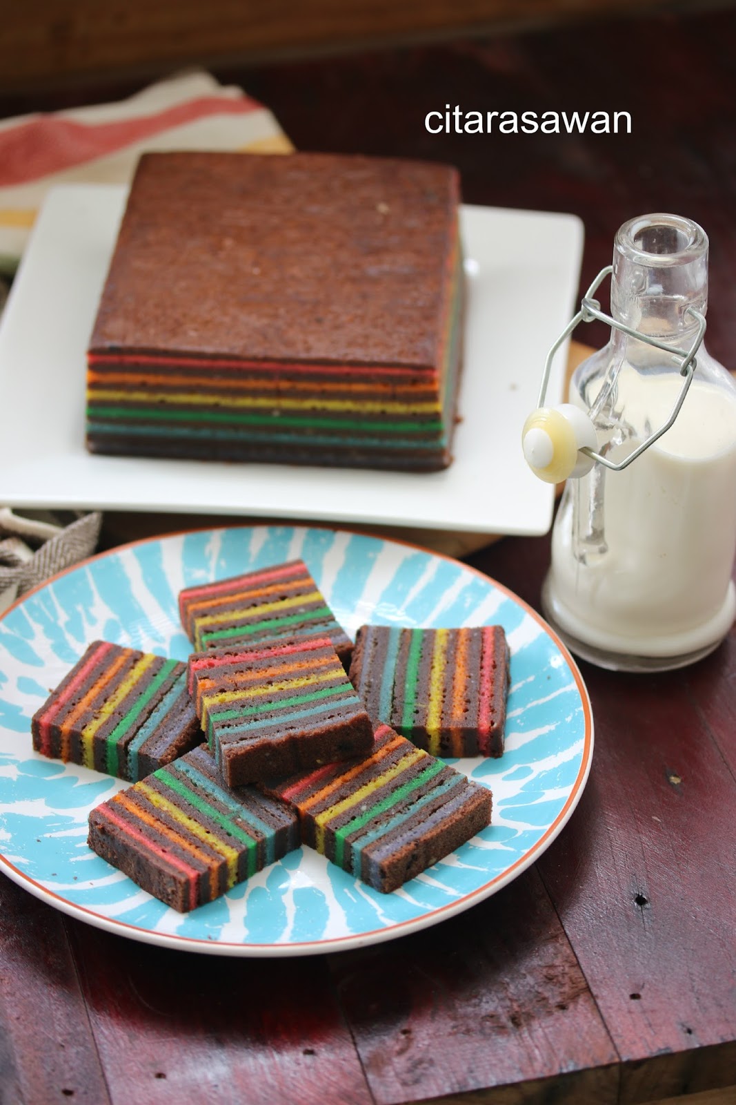 Kek Lapis Coklat Pelangi / Rainbow Chocolate Layer Cake 