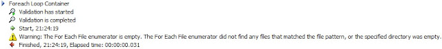 The For Each File enumerator is empty. The For Each File enumerator did not find any files that matched the file pattern, or the specified directory was empty.