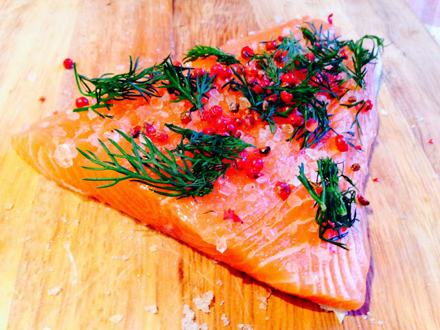 Finnish style Gravadlax with red peppercorns and dill