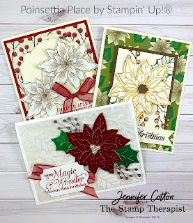 Three cards with Poinsettia Petals Bundle by Stampin' Up!®.  I showed all three on my Facebook Live 10-22-20.  Click the picture to go to the blog!  #StampTherapist #StampinUp