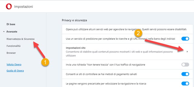 impostazioni dei siti su opera browser