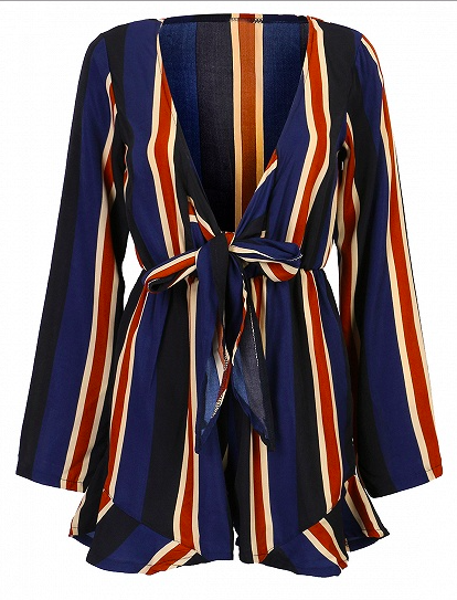 Sammi Jackson - Choies Blue V-neck Striped Tie Front Ruffle Side Playsuit Romper