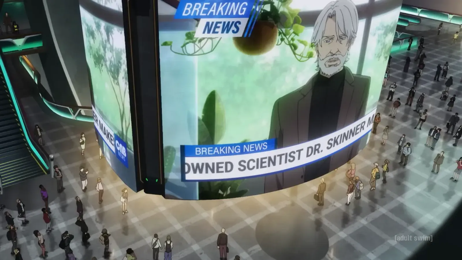 Dr. Skinner na ekranie wiadomości w anime Lazarus