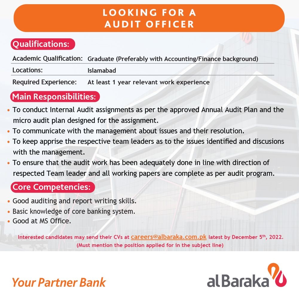 Al Baraka Bank (Pakistan) Limited has a new career opportunity for Audit Officer