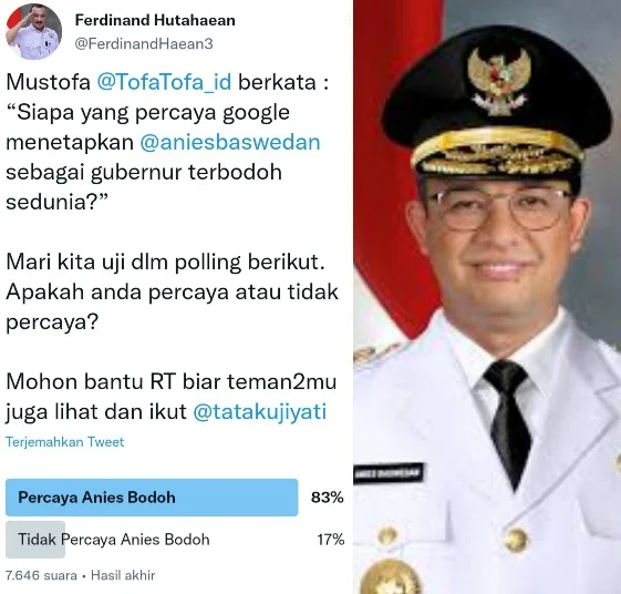 Ferdinand Bikin Polling ‘Siapa Percaya Anies Bodoh?’, 83 Persen Partisipan Jawab Percaya