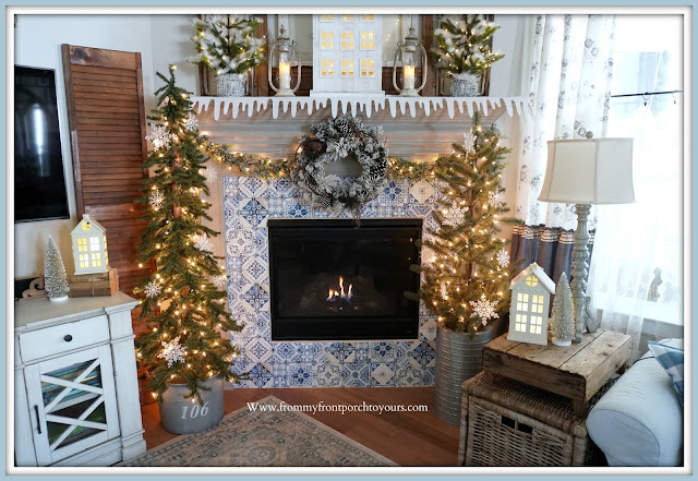 Winter -Fireplace -Mantel -DesignBlue & White- Decor-Cottage-Farmhouse-French Country-DIY-From My Front Porch To Yours