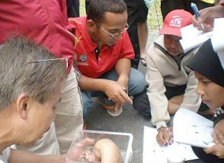 Good number: Dr Liau (left) showing the organisms found in Sungai Pauh to the programme participants.